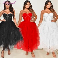 sexy sheer mesh diamonds strapless see through party club long dress women backless big swing ruched maxi dresses summer vestido