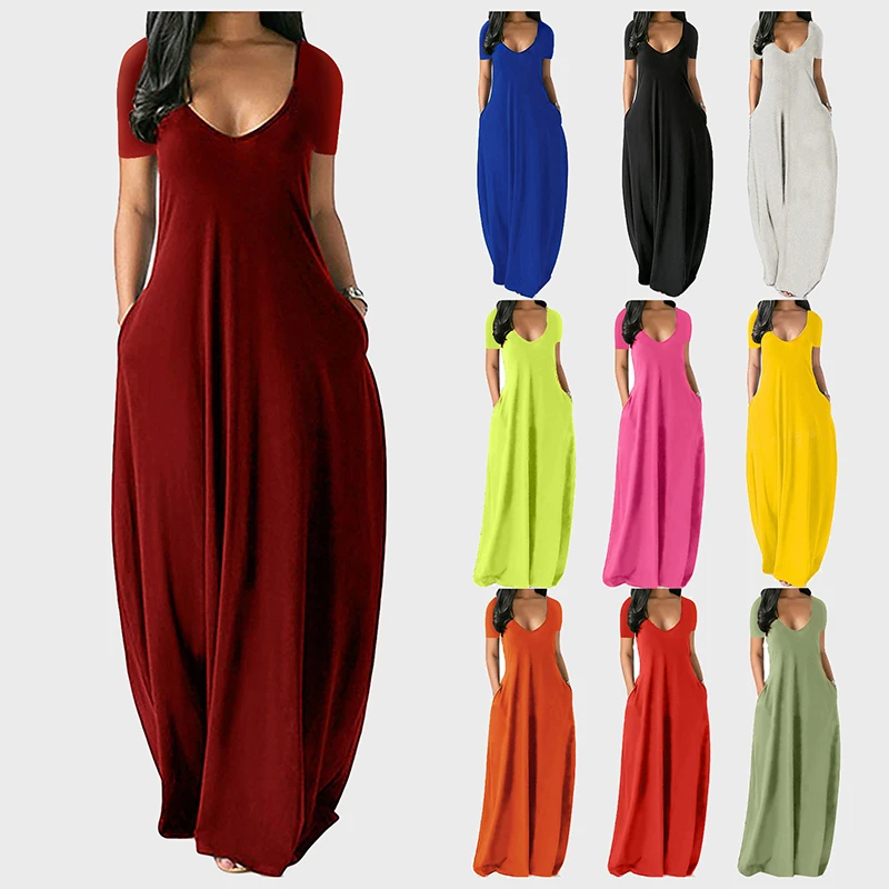 

Women's Sexy Solid Long Dress Summer V-Neck Loose Short Sleeve Maxi Dresses Female Casual Beach Party Dress Vestidos Plus Size