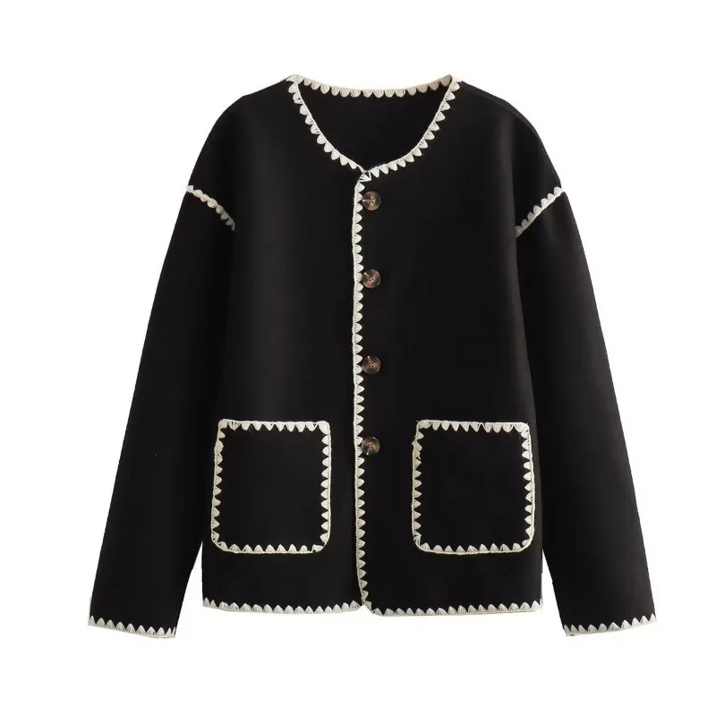 

Autumn Loose Splicing Cardigan Women Sweater Coats 2023 New Fashion Women Button O Neck Loose Color-block Retro Knitted Jacket