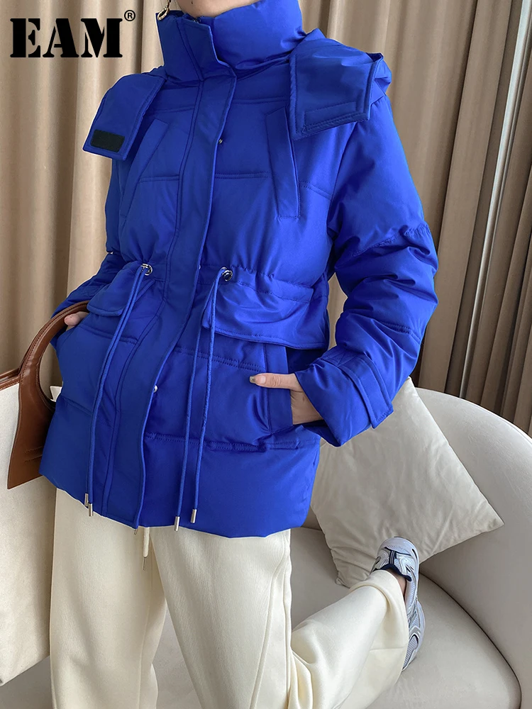 

[EAM] синий большой размер, теплое пальто с капюшоном, с хлопковой подкладкой, с длинным рукавом, свободного покроя, женские парки, модная нови...