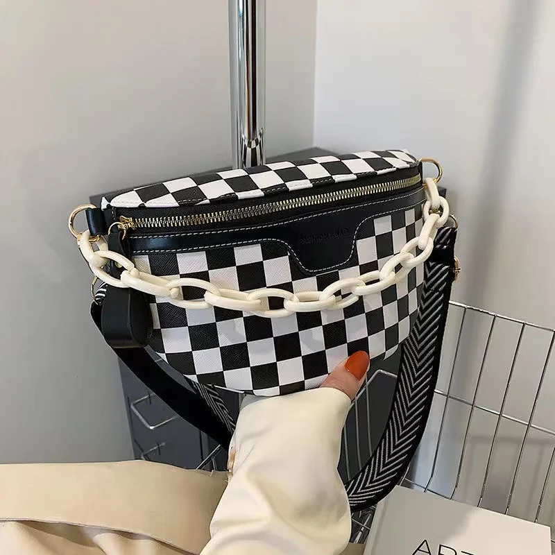 

Plaid Waist Bag for Women's Fanny Pack PU Leather Messenger Shoulder Bag Multi-Functional Chest Bags Banana Belt Bags