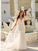 luojo boho wedding dresses 2022 mermaid v neck backless buttons tea length bridal gowns for women custom made vestidos de novia