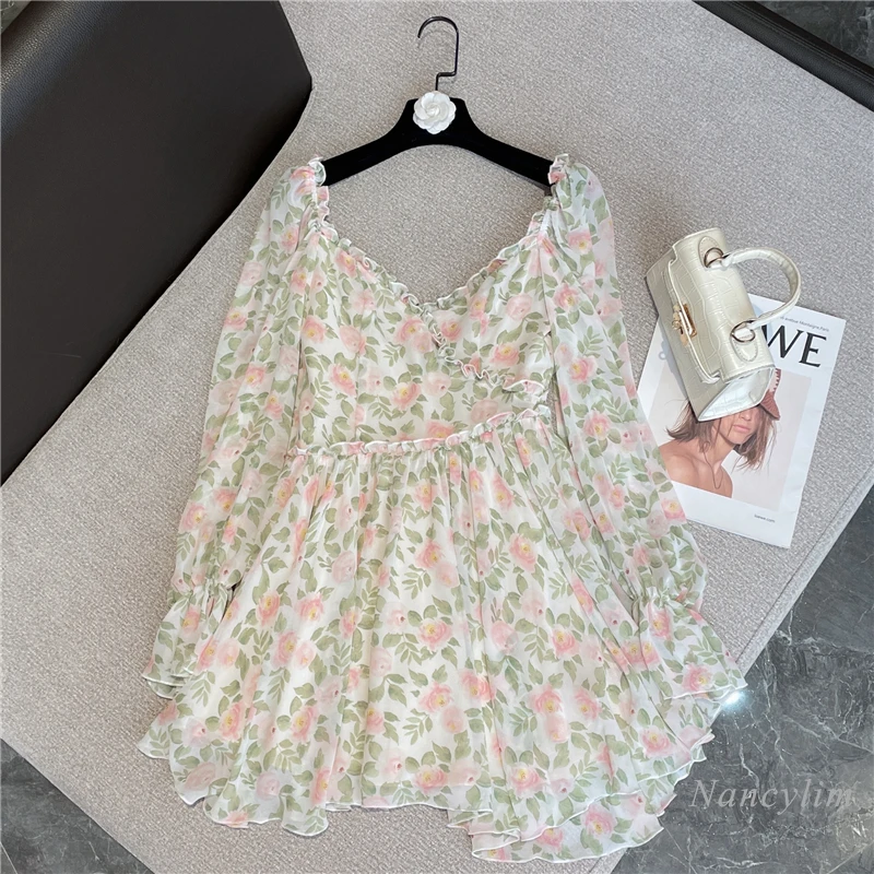 

2022 Spring and Summer Sweet Chiffon Dress for Women Socialite Style Sexy V-neck Mesh Long Sleeve Floral Dresses Holiday Beach