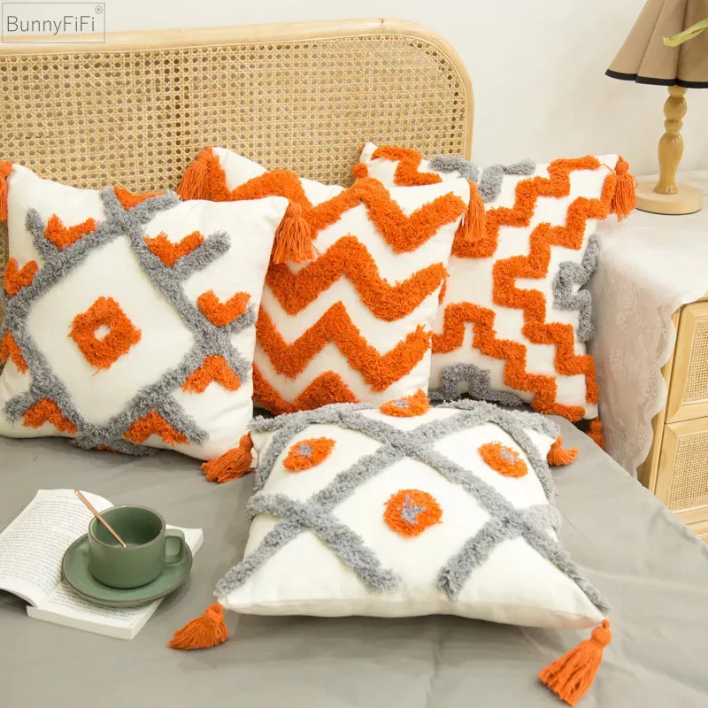 

Grey Orange Geometric Embroidery Cushion Cover Tufted Tassels Home Decor Pillow Cover 45x45cm Wave Sofa PillowCase Pillow Sham