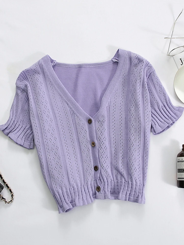 

T-shirts Women V-Neck Button Up Tees Short Sleeve Casual T-shirts Knitted Cadigans Crop Tops For Women 2023 Summer Tee
