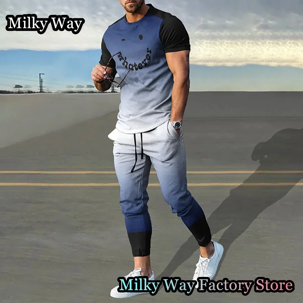 Summer Men Tracksuit 2 Pieces Gradient Color T-Shirt Trousers Set Casual Jogging Suit Fashion Outfit Male Smile Streetwear