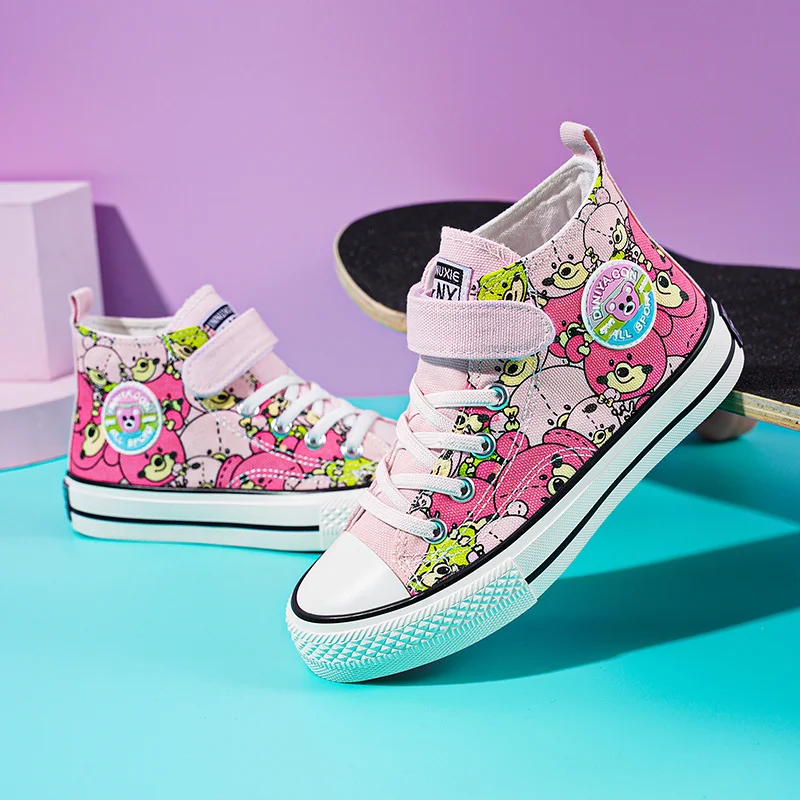 2022 Spring Fashion Red Cartoon Print Canvas Shoes for Girls High top Kids Sneakers Skateboard Flat Children Shoes basket fille