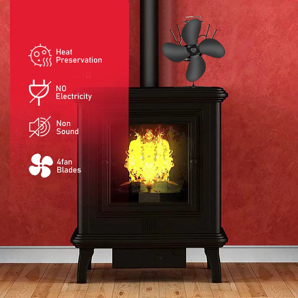 4 Blade Heat Powered Stove Fan Log Wood Burner Eco Friendly Quiet Fireplace Fan Winter Warm Home Efficient Heat Distribution