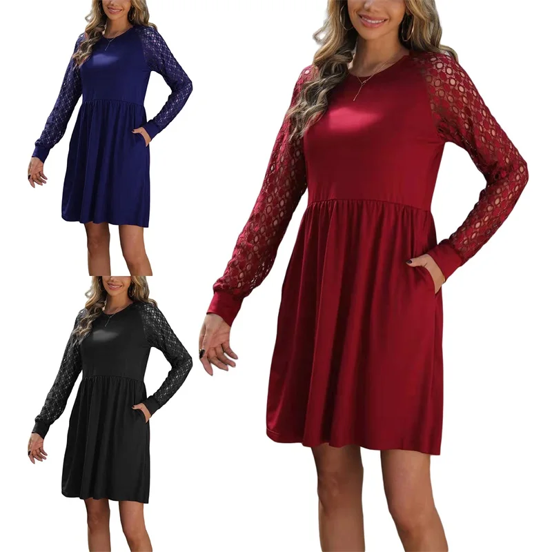 

Women Elegant Dress Solid Color Hollow Out Long Sleeve Round Collar Party Dress Wine Red/ Black/ Dark Blue