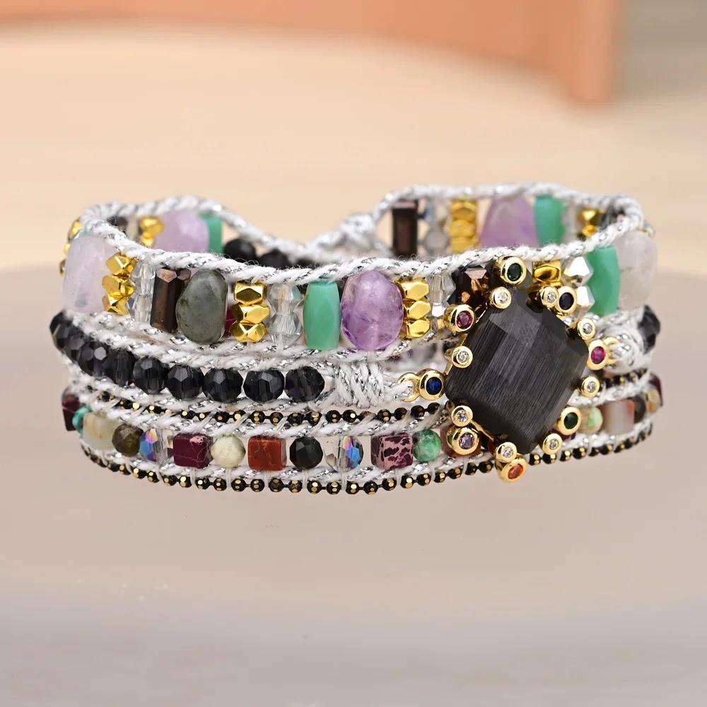 Уникальный подарочный браслет кошачий глаз из натурального камня 3-слойный