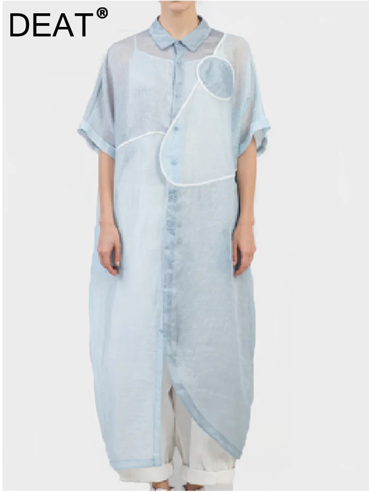 

Женская свободная однобортная рубашка DEAT, длинная Солнцезащитная рубашка с отложным воротником и коротким рукавом, WH335, лето 2023