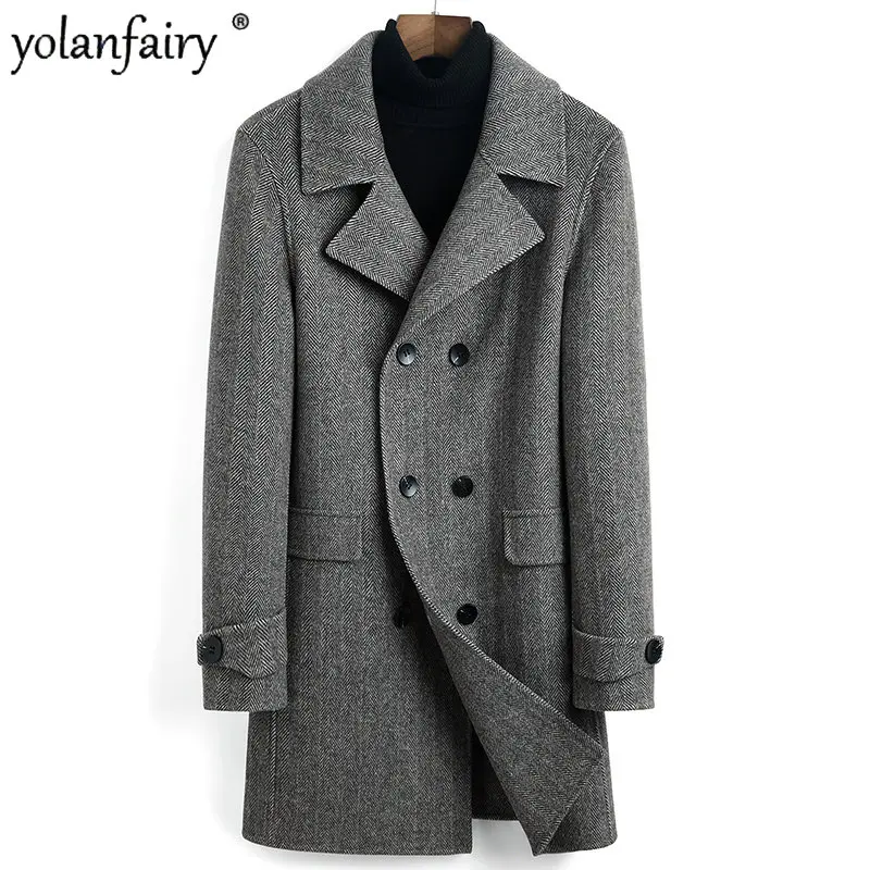 

Winter Reversible Woolen Jacket Men 100% Wool Coat Medium Long Herringbone Double Breasted Coat Slim Trench Coat Men Top Veste F