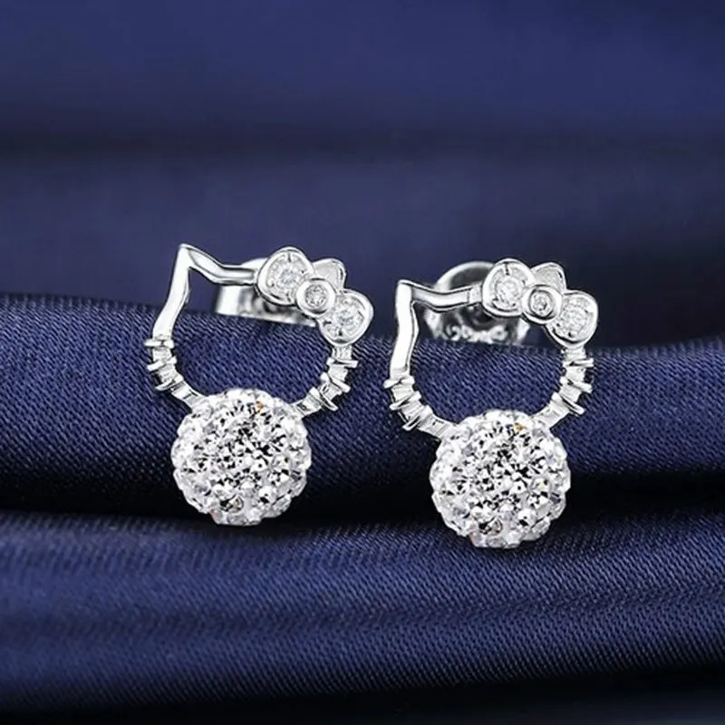 

New Sanrio Hello Kitty 925 Silver Plating Woman Flash Cubic Zirconia Stone Pearl Earrings Fashion Jewelry 8Mm Girl Birthday Gift