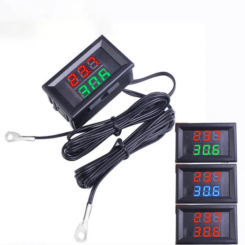 

Цифровой мини-датчик температуры, 4-28 В постоянного тока, светодиодный двойной Дисплей 0,28 дюйма, с NTC, водонепроницаемый металлический зонд, 5...