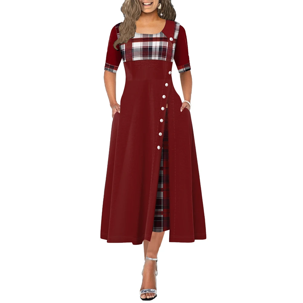 

Women Elegant Long Plaid Print Party Dresses England style Irregular Robe Ladies Vintage Button Dress Patchwork A-Line Dresses