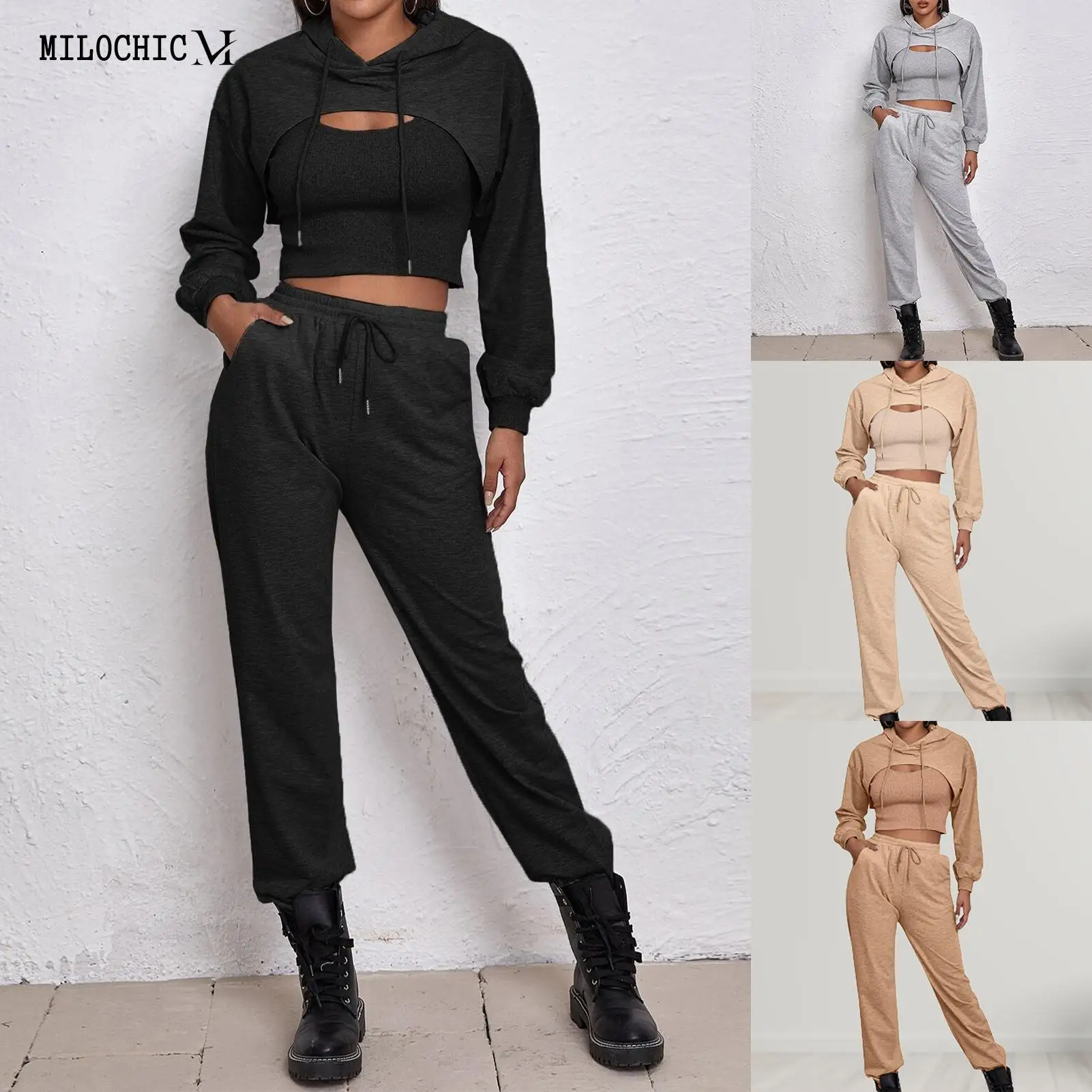 

Женский комплект из свитшота с длинным рукавом и брюк, эластичная толстовка с вырезами и жилет, Стильная однотонная толстовка с капюшоном, спортивная одежда для отдыха