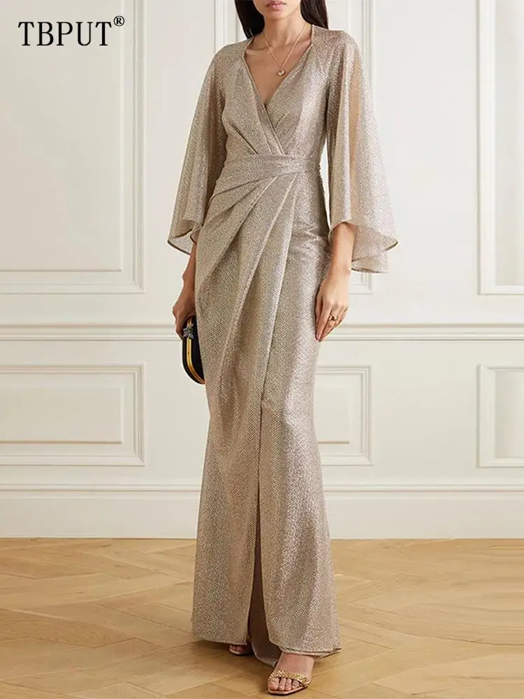 Elegant Women's Evening Dresses Fashion Sexy V-neck Long Sleeve Waist Wrapped Robes 2023 Summer Pleated Split Ladies Maxi Dress