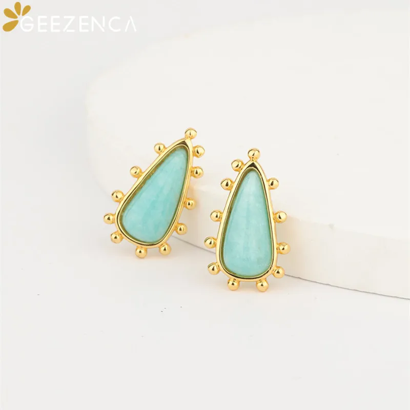 GEEZENCA Natural Amazonite 925 Silver 18K Gold Plated Geometric Earrings For Women Simple Triangle Gemstone Earring 2023 New