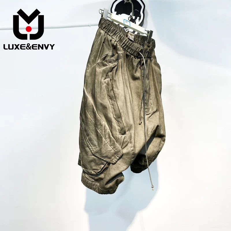 

LUXE&ENVY Darkwear Niche Design Style Dyeing Worn Function Pocket Techwear Calf-length Pants Men Loose Chic Tide