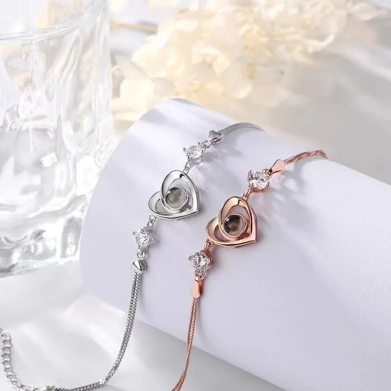 S925 Custom Photo Projection Bracelet For Women Girlfriend 2023 Valentine Day Gifts Luxury Trendy Romantic Love Heart Jewelry