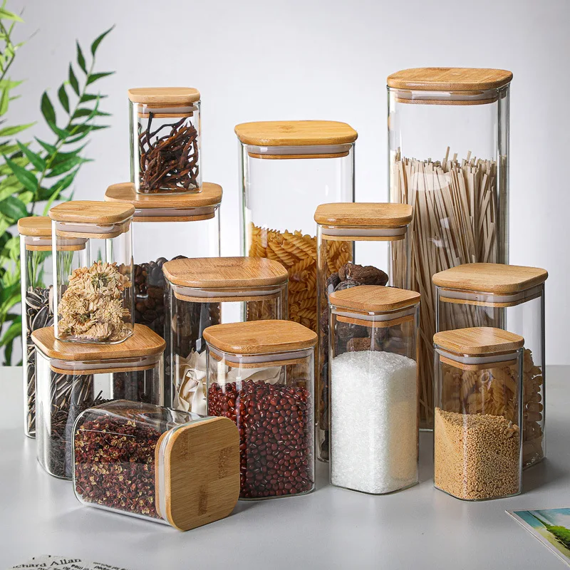 

Sealed Bamboo Tea Candy And Square With Transparent Glass Storage Snack Boxes New Lid Tins Bottles Beans Coffee Jars