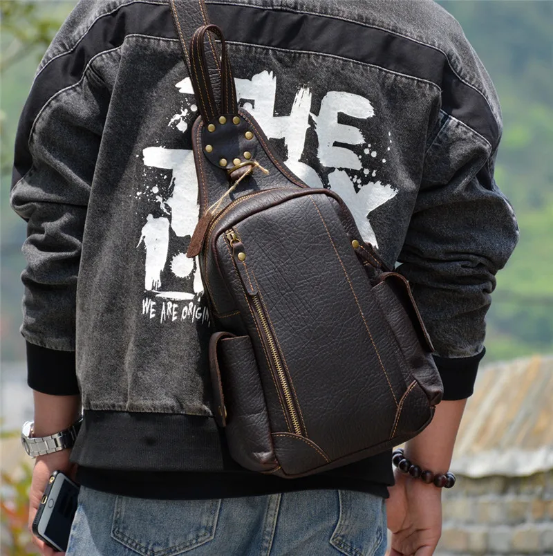 Fashion vintage real leather men's chest bag outdoor daily travel crazy horse cowhide multifunctional shoulder crossbody bag