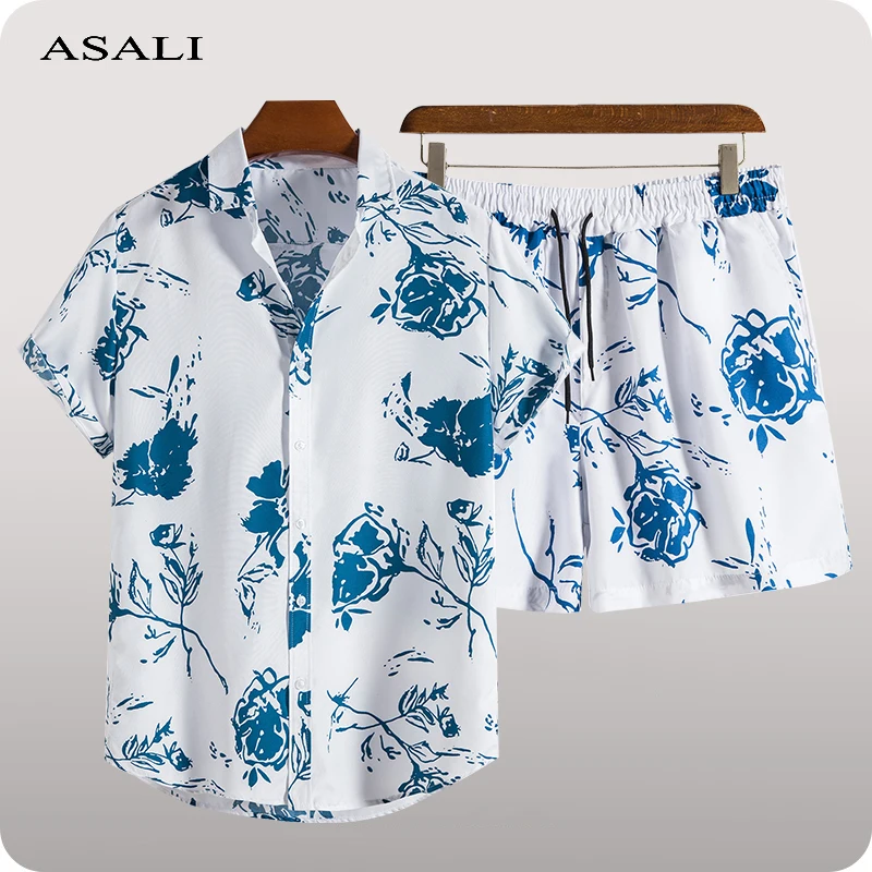 

2022 Summer Men's Sets Printed Short Sleeve Tracksuits Mens Loose Hawaiian Shirt Shorts Clothing Casual Men Two Pieces Set