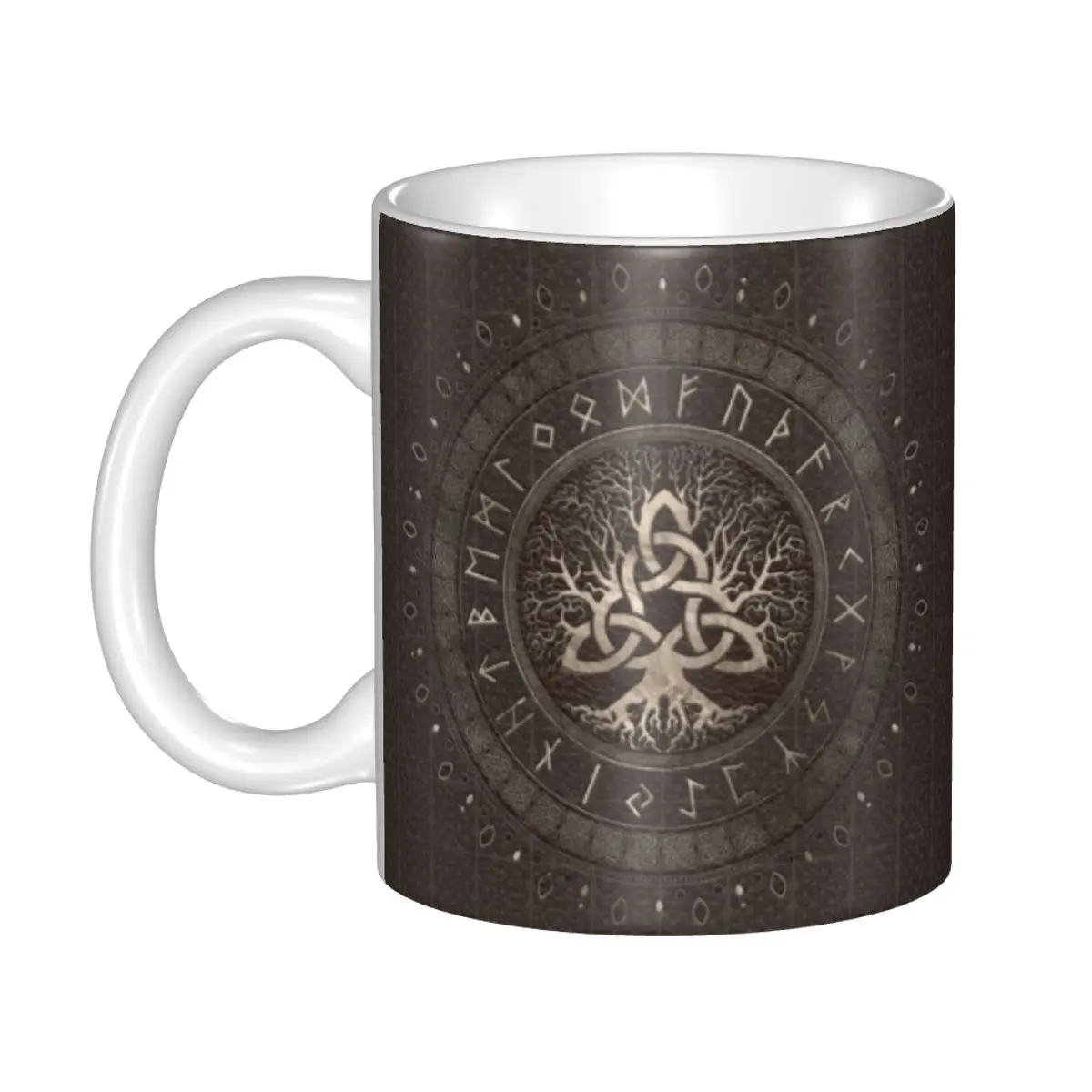 

Personalized Tree Of Life With Triquetra Brown Leather And Gold Coffee Mugs DIY Viking Norse Yggdrasil Ceramic Tea Milk Cup