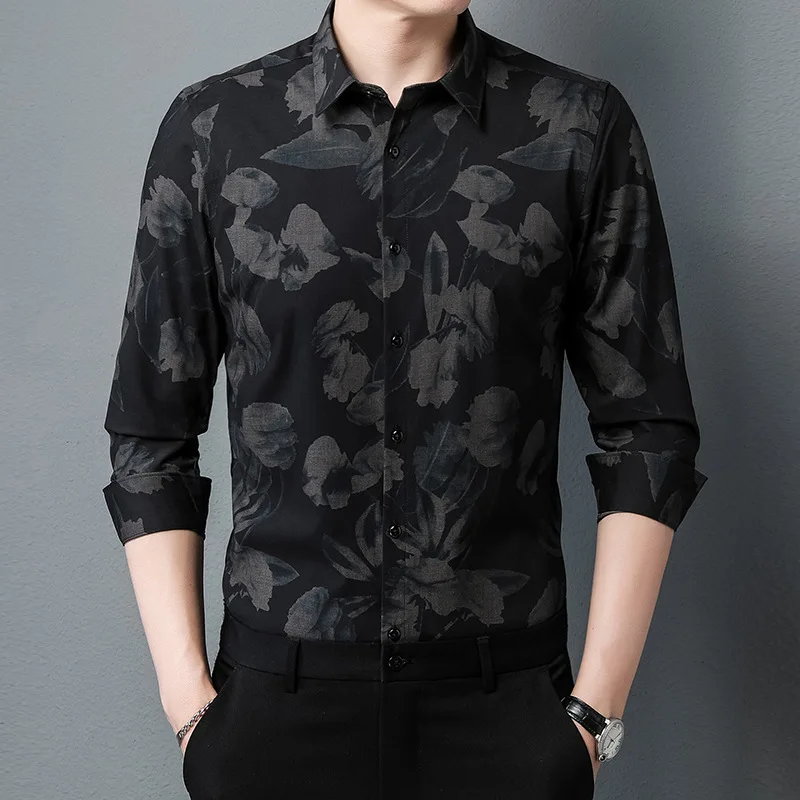 Mattswag Mens Flower Printed Long Sleeve T Shirts Vintage Classic Breathable Men's Clothing Casual Slim Fit Shirts Camisa Hombre