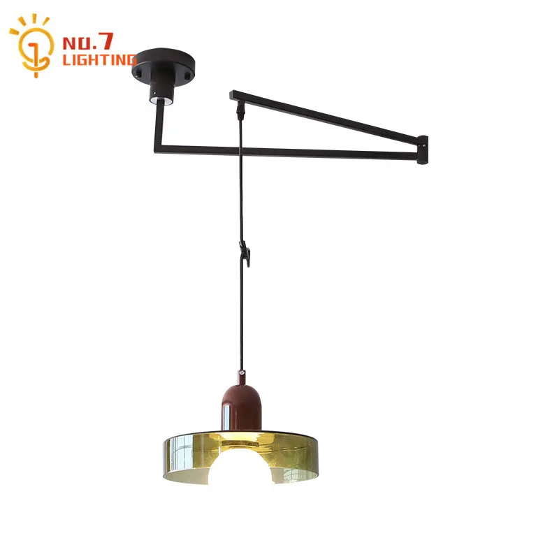 

Medieval Cream Glass Swing Arm Pendant Lights LED 27 Retractable Movable Indoor Lighting Kitchen Island Living/Dining Room Cafe