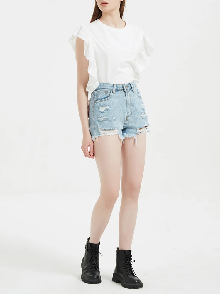 Summer Women Vintage Hole Frayed Blue Denim Shorts Streetwear Female High Waist Button Loose Jeans Shorts Bottoms