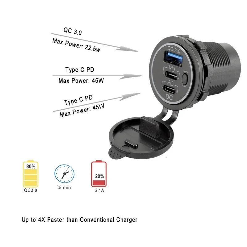 usb c car charger socket 12v24v multiple usb outlet two 45w pd usb c qc3 0 ports with power switch fast car adapter free global shipping