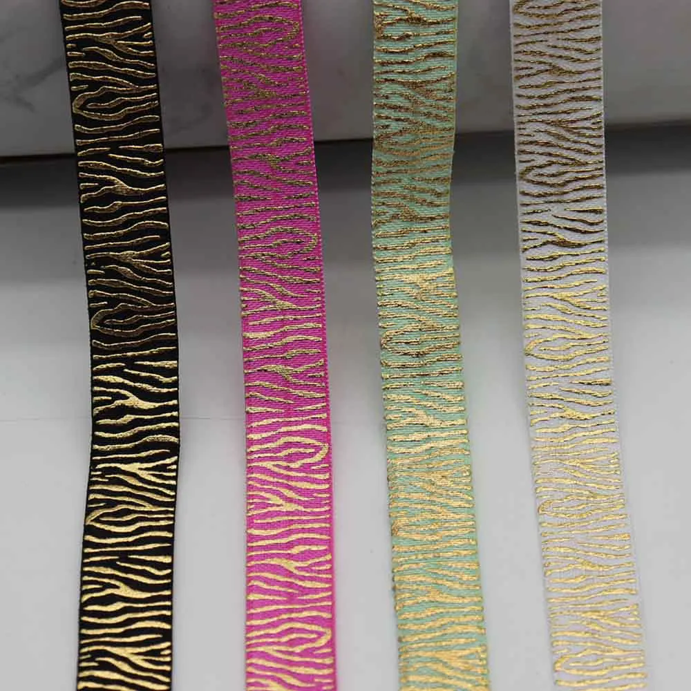 

5/8" 15MM Gold Foil Zebra Stripe Pattern Printed Fold Over Elastic FOE Ribbon For Ponytail Hair Tie Hair Accessories Headwear