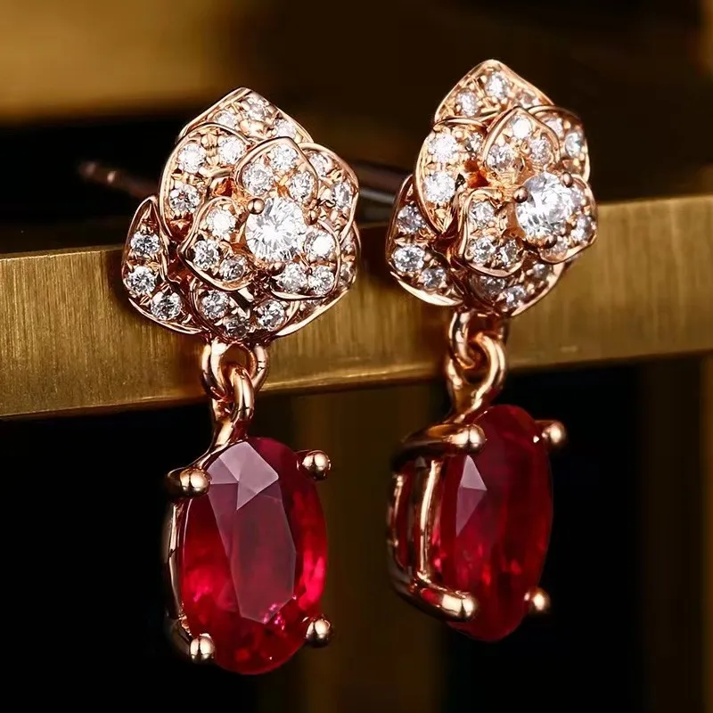 

Milan Girl Diamond Flower Earrings Fashion Temperament Red Zircon Water Drop Mid-length High-end Banquet Jewelry