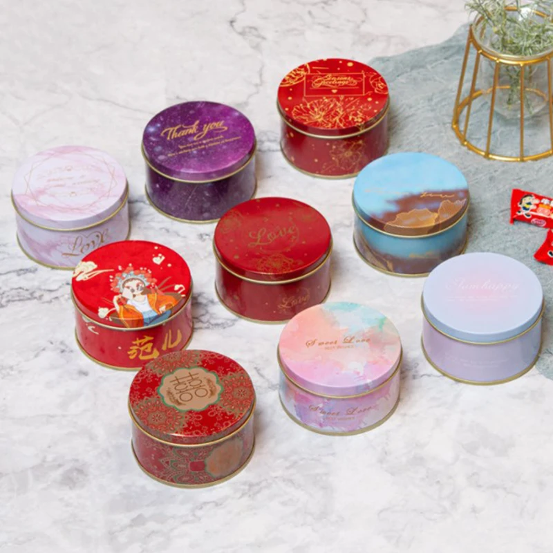 

Round Candy Wrapping Boxes Tinplate Boxes Christmas Candy Cookies Gift Packaging Metal Tins