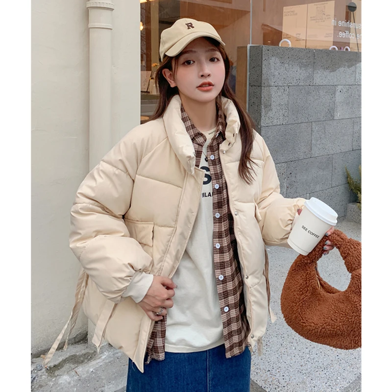 

Модная женская одежда в Корейском стиле Харадзюку, пуховик, верхняя одежда абрикосового цвета, повседневные зимние теплые утепленные флисо...