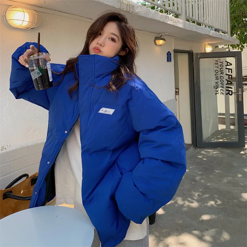 

Women Winter Warm Chic Blue Stand Collar Cotton Padded Gingham Coat Loose Oversize Korean Jackets Windproof Thick Lady Overcoat