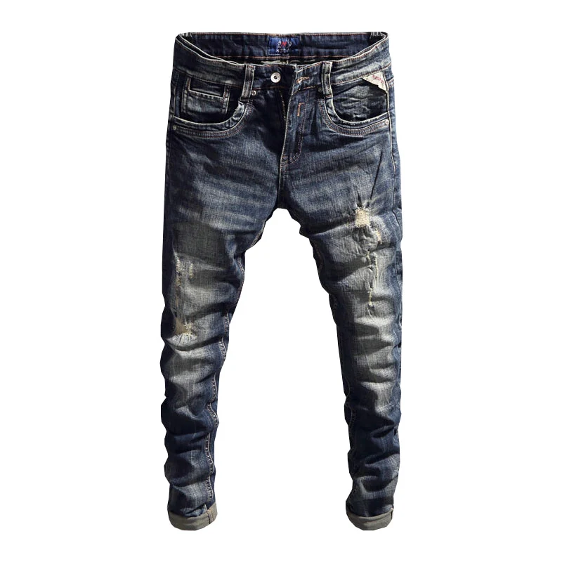 Italian Vintage Fashion Men Jeans Retro Black Blue Stretch Slim Ripped Jeans Men Embroidery Patched Designer Casual Denim Pants