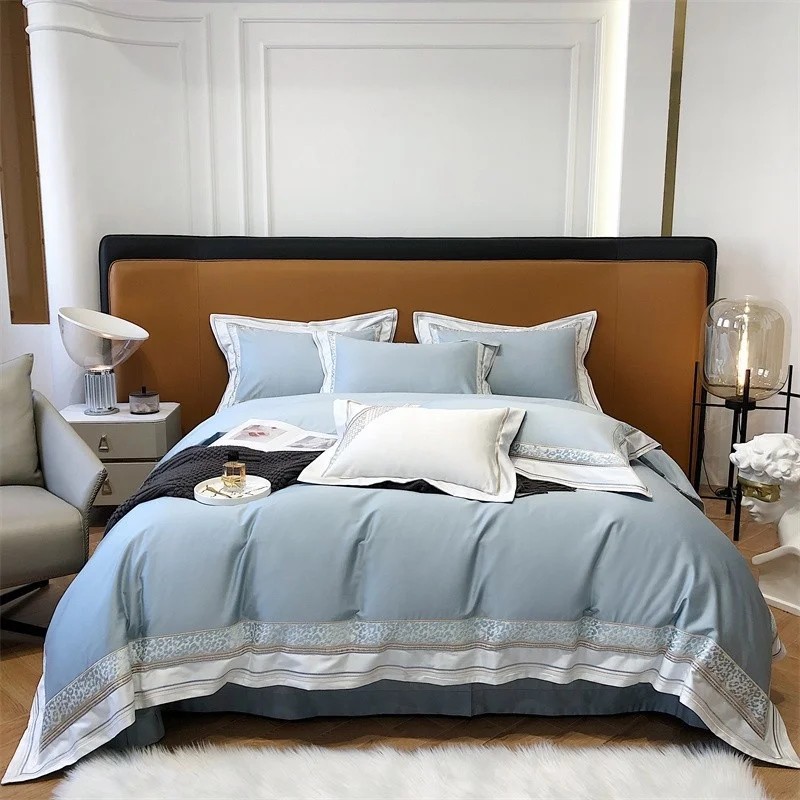 

100% Egyptian Cotton Ultra Soft Duvet Cover Set 4Pcs Leopard Feather Baby Blue Delicate embroidery Bedding Bed Sheet Pillowcases