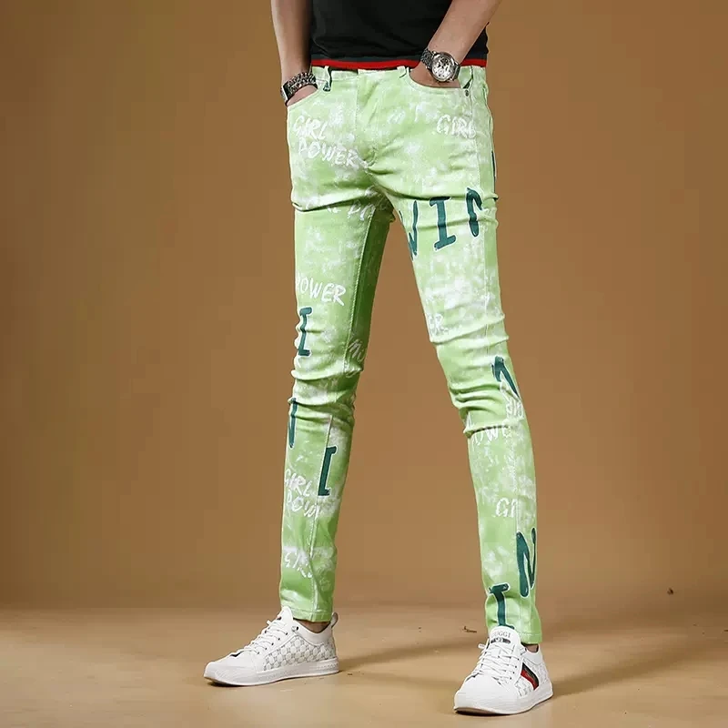 Summer Men Fashion Printed Green Jeans Streetwear Casual Slim Fit Straight Pants Korean Style Digital Printing Denim Trousers