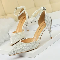 new shoes for women sexy hollow womens shoes metal decoration high heel shallow mouth pointed toe sequin hollow sandals