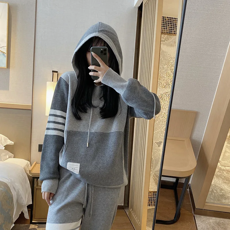 

High Quality Korean Fashion New TB Style Casual Color Block Four-bar Stripe Pullover Sweater Women's Hooded Sweater