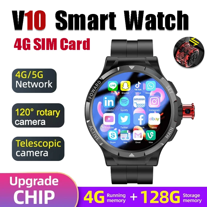Смарт-часы V10 Max SIM-карта 128 Гб ПЗУ 1 43 дюйма 4G LTE GPS WIFI Android 9 0 Google Play две камеры