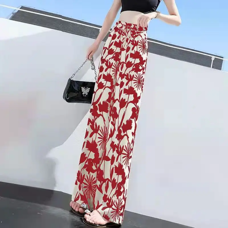 

Chiffon Wide Leg Pants Women's High Waist Shows Thin Hanging Feeling Thin Style New Loose Straight Pants In Summer Flower Pants