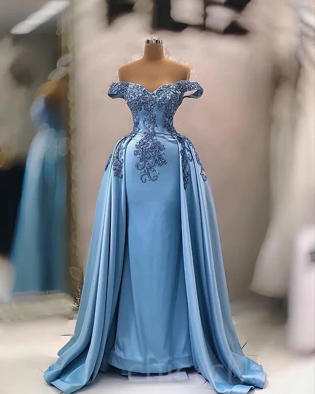 

Blue African American Prom Dresses A-line Off The Shoulder Appliques Black Girls Nigeria Dubai Saudi Arabia Evening Dresses Gown