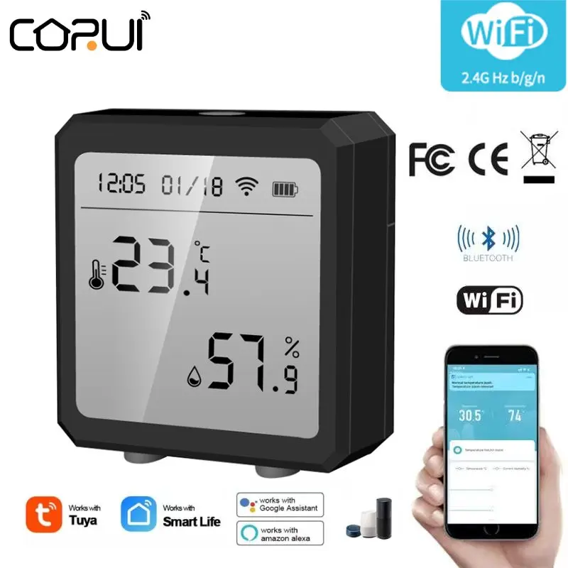 

Tuya Wifi+Bluetooth Smart Temperature And Humidity Sensor With Alarm Clock Support Remote Control With Smart life Google Home
