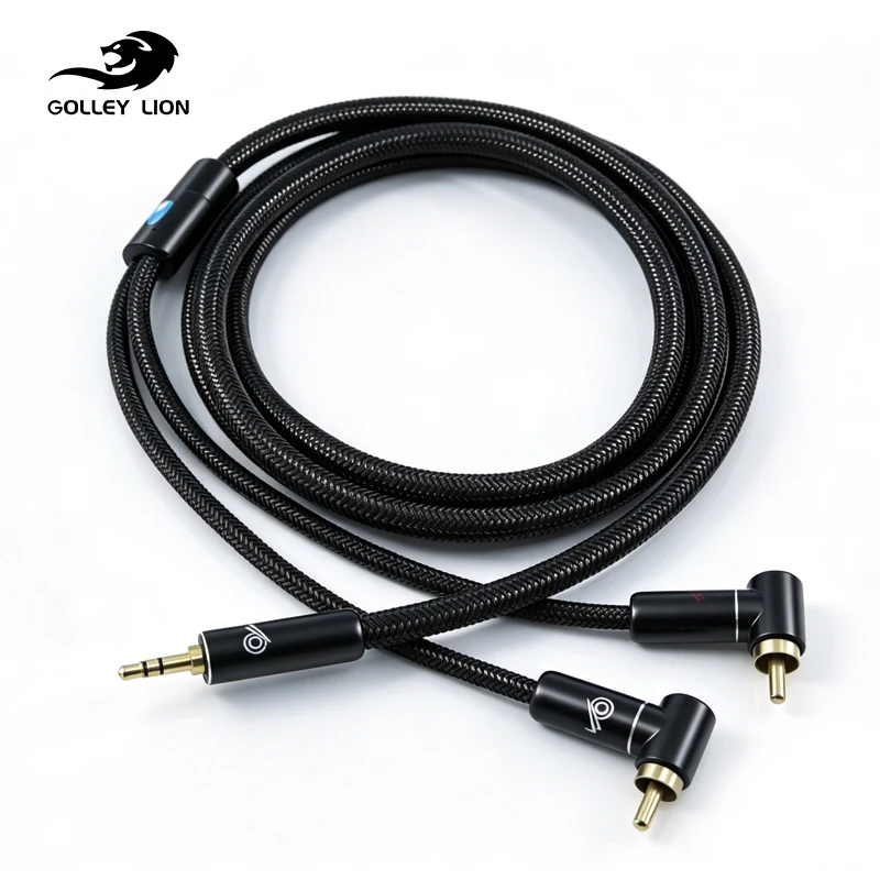 Фото Кабель GOLLEY LION 3,5 мм на 2RCA, угловой, 3,5 мм штекер на двойной RCA штекер, стерео аудиоадаптер, усиленный нейлоновый плетеный, черный №1