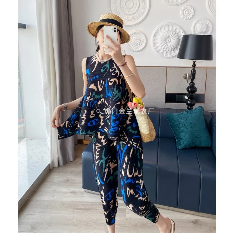 Плиссированные летние новые брюки с принтом Женский комплект из двух предметов