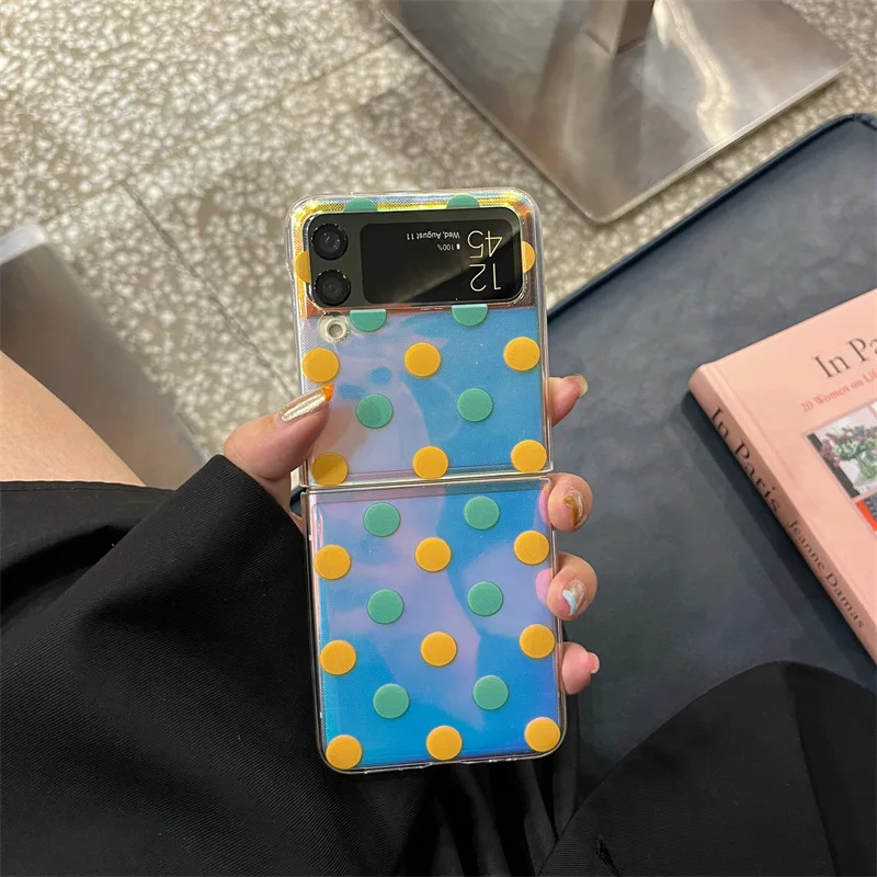 

Green Yellow Dots Laser Sticker Transparent Phone Case for Samsung Galaxy Z Flip 3 5G Hard PC Back Cover for ZFlip3 Case Shell