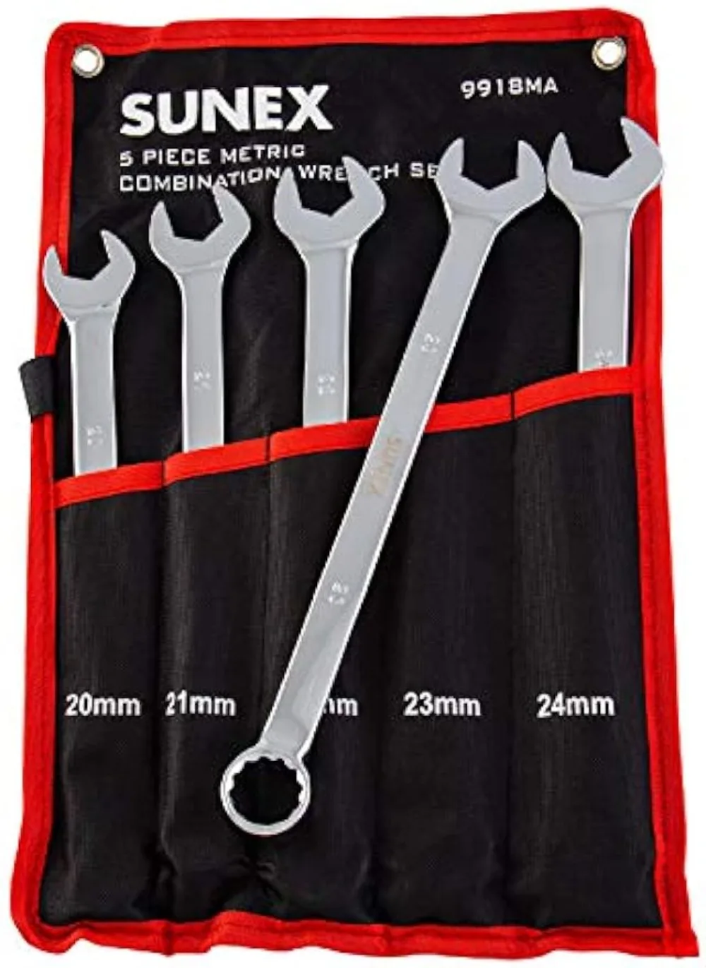 

Набор комбинированных ключей Sunex Tools 9918MA, метрический V-образный паз, 20 мм-24 мм, полностью отполированный, 5 шт. (в комплекте рулон-искусственная кожа)